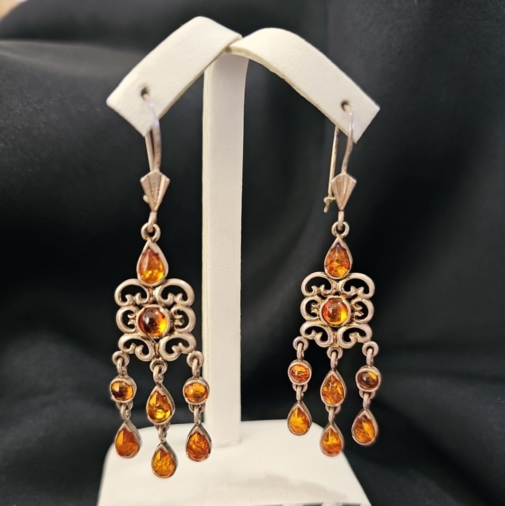 Amber Stearling Silver Drop Earrings. Vintage Valerio V8 Marked